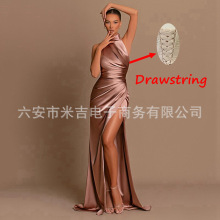 晚礼服宴会速卖通跨境单开叉长款年会主持人玫红色新娘晨袍晚礼服