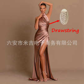 晚礼服宴会速卖通跨境单开叉长款年会主持人玫红色新娘晨袍晚礼服