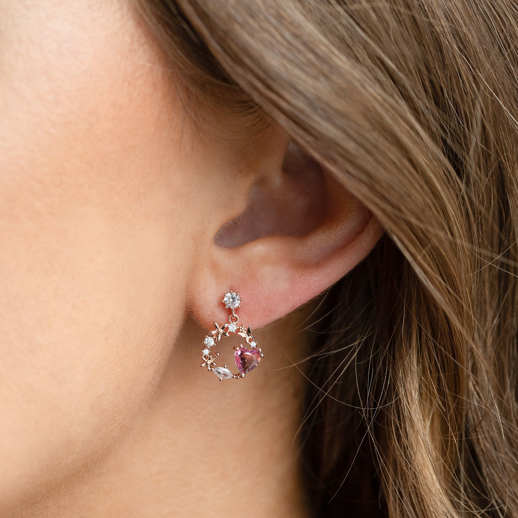 Pink Heart Stud Earring Micro Inlaid Zircon Exquisite Heart-Shaped Ear studs