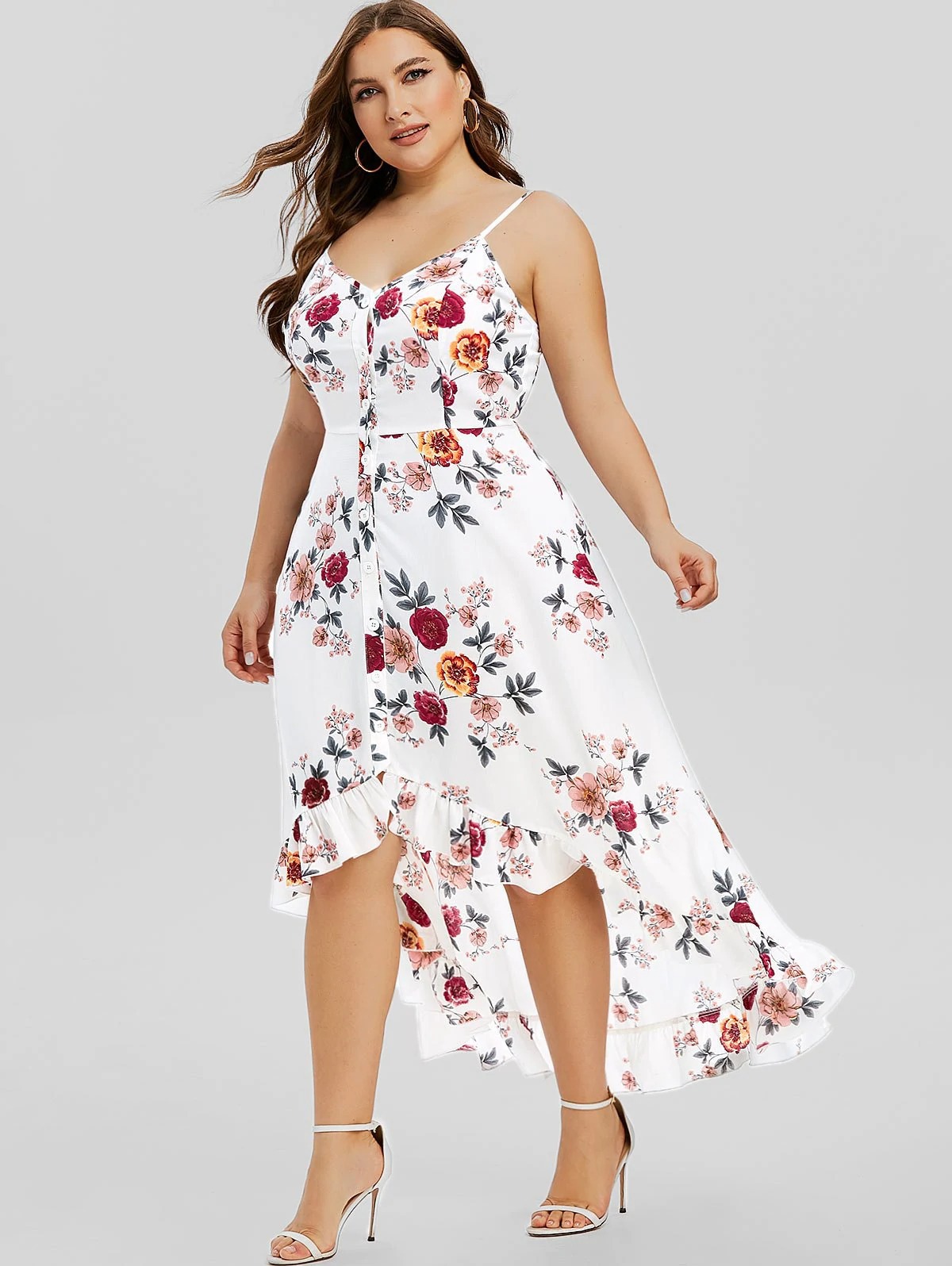 vestido ajustado con estampado de flores y dobladillo irregular con tirantes de talla grande NSCX126009