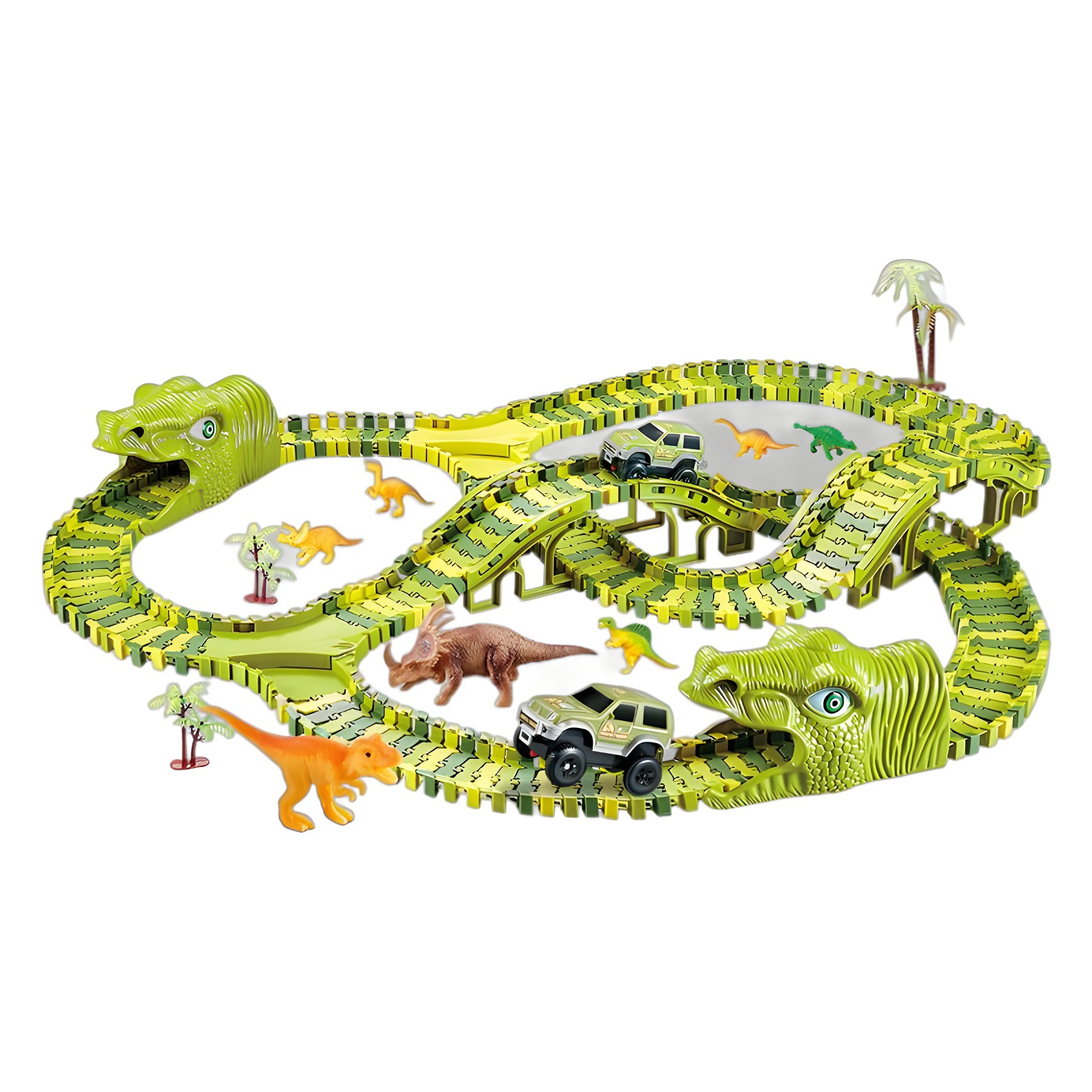 Dinosaurios transfronterizos explosivos tren eléctrico montaña rusa montaña automóvil ensamblado juguetes para niños gran parque de aventuras