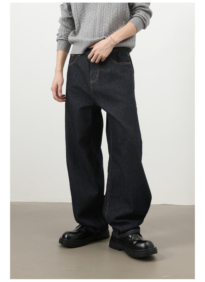 Quần jeans nam ống rộng dáng suông phong cách Mỹ, jean bò nguyên bản, lưng giữa, túi khóa kéo — Denim đen, Trắng, lâu, màu xanh chi tiết 15