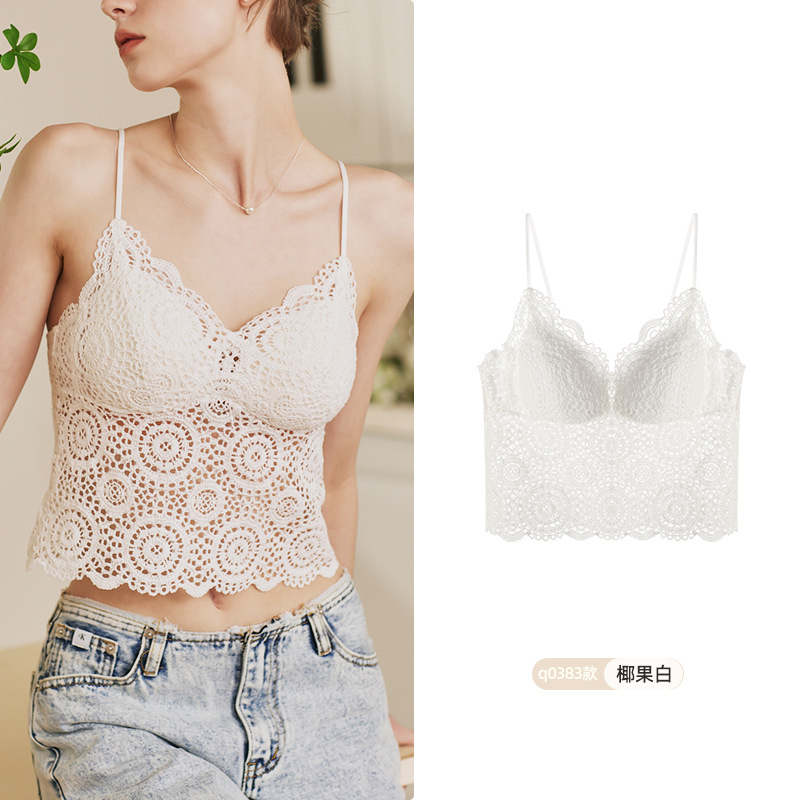 8729 French Light Luxury Encaje sexy Deep V Medio Sling Encaje Ropa interior Chaleco Mujer Sujetador sin cuello en V Mujer