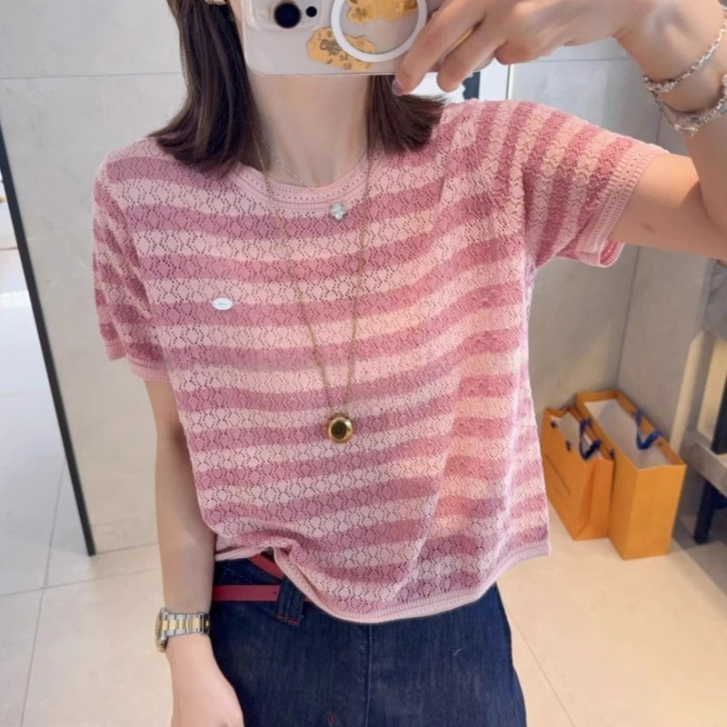 Trendy Summer Hollow-Out Striped Design Stylish Thin Short-Sleeve Knit Top for Women, Beautiful and Slimming Casual Top Trendy Summer Hollow-Out Striped Design Stylish Thin Short-Sleeve Knit Top for Women, Beautiful and Slimming Casual Top