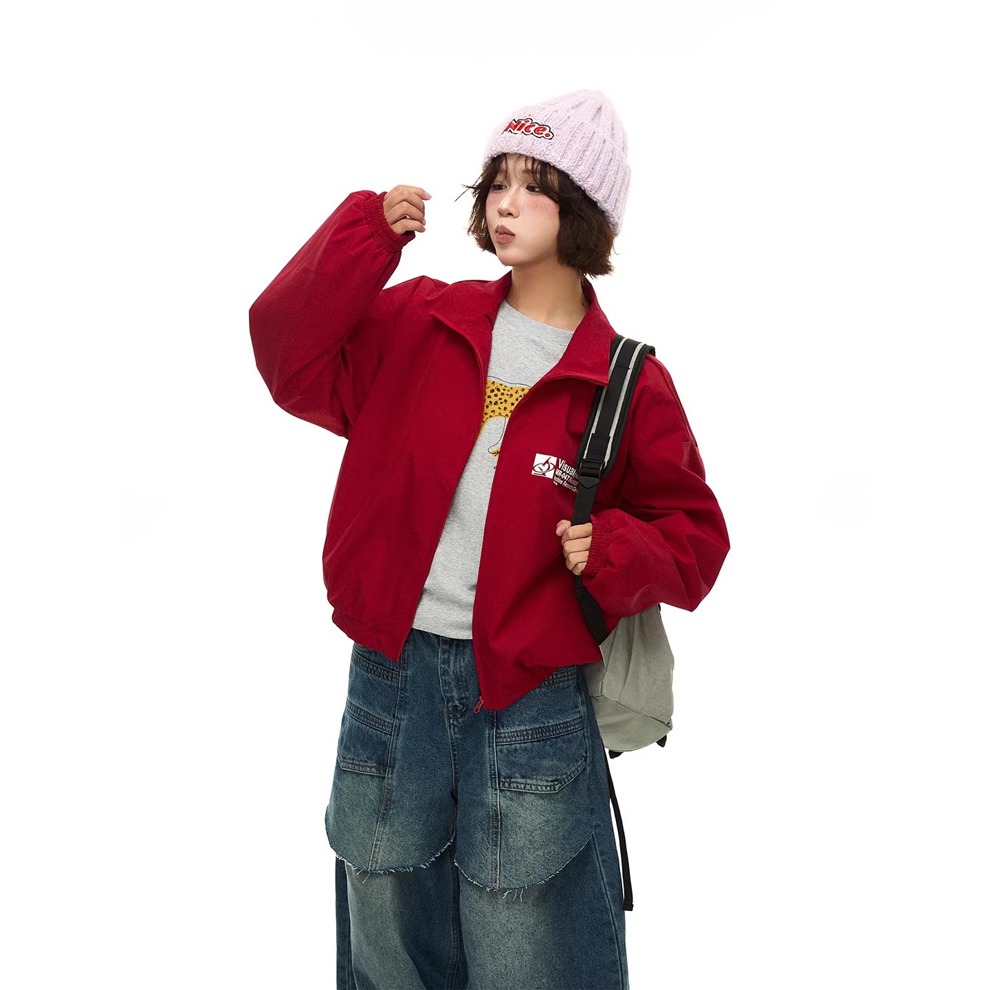 美式复古字母印花立领夹克女春秋季高级感宽松休闲运动百搭外套