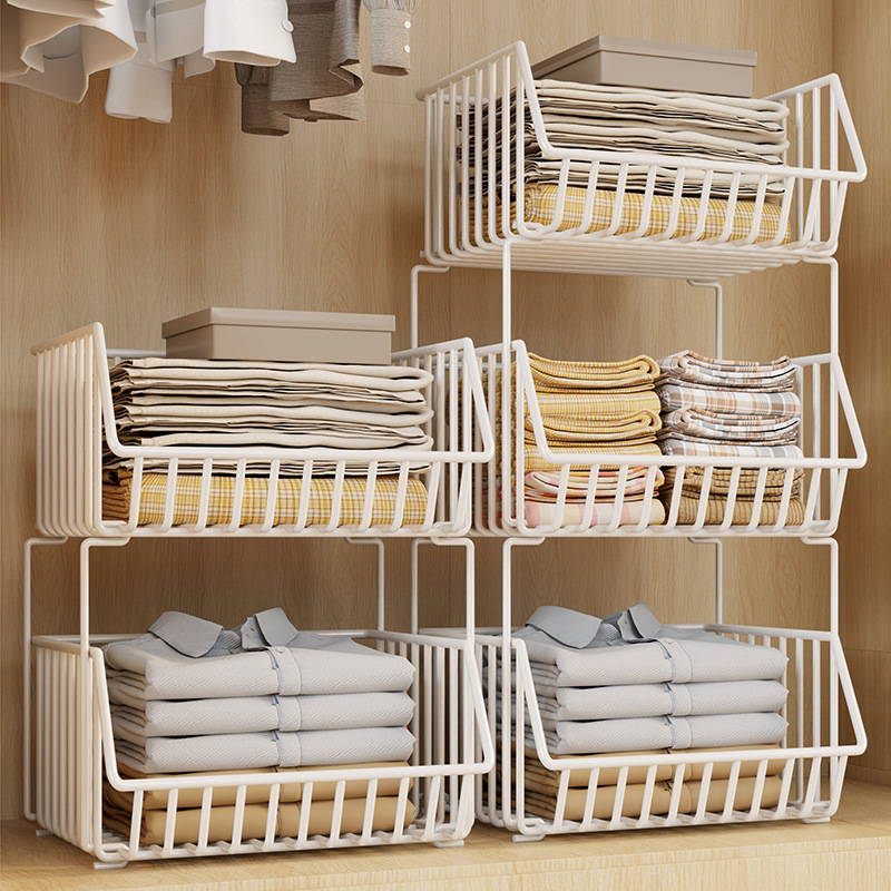 Wardrobe Storage Basket Layered Rack Home Dormitory Wardrobe Cabinet Clothes Storage Organizer Partition Iron Storage Rack