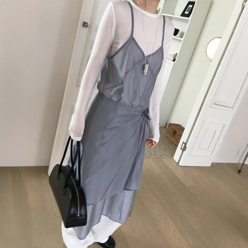 Korean Ins Summer Korean Style Design V Neck Mesh Mid-Length Suspender Dress + Strappy Apron Two-Piece Set