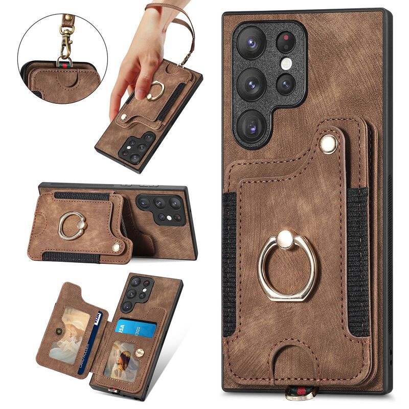 Applicable to Samsung S24Ultra mobile phone shell anti-theft brush ring buckle lanyard card holder Galaxy S23plus leather case