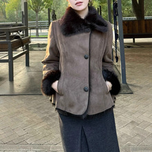 中欧复古调 翻领斜门襟皮毛一体环保皮草修身外套女秋冬