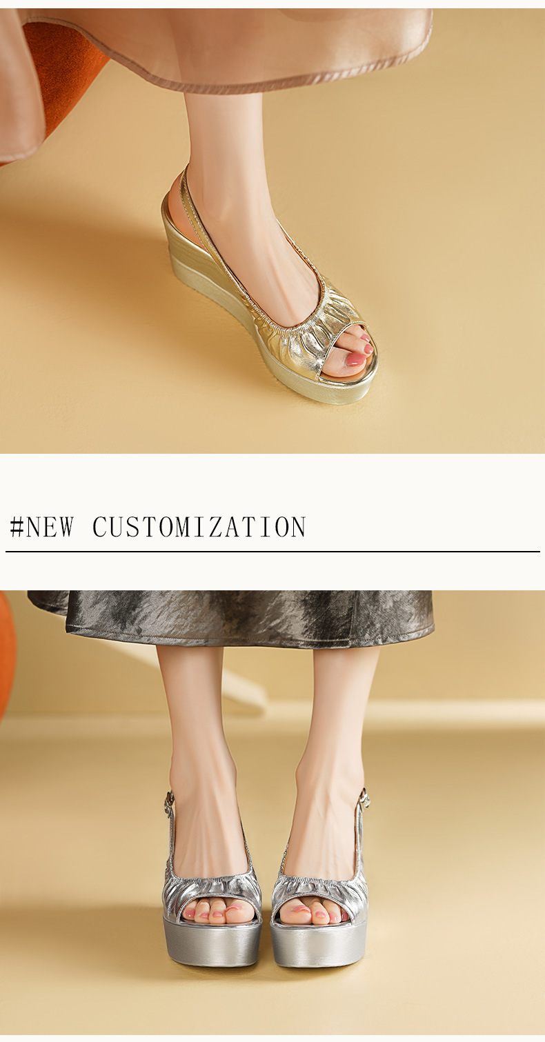 Sandal đế xuồng mũi cá vàng nữ phối váy, gót cao 9 cm, da PU kiểu La Mã — Màu vàng, Màu bạc chi tiết 3
