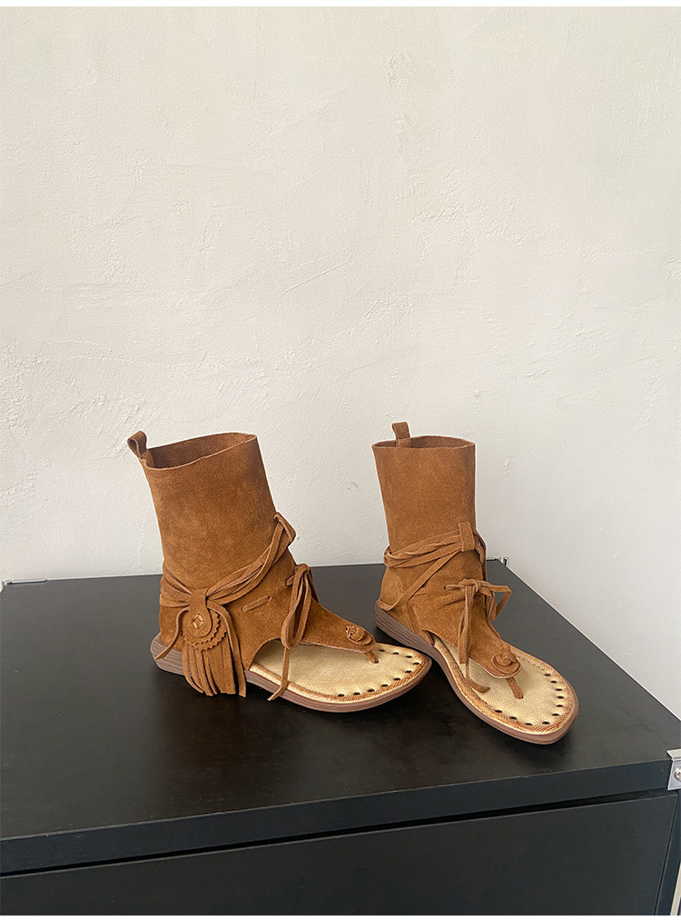 Dép sandal xỏ ngón bohemian đế bệt quai tua rua phong cách La Mã — Màu caramel, màu kaki chi tiết 21
