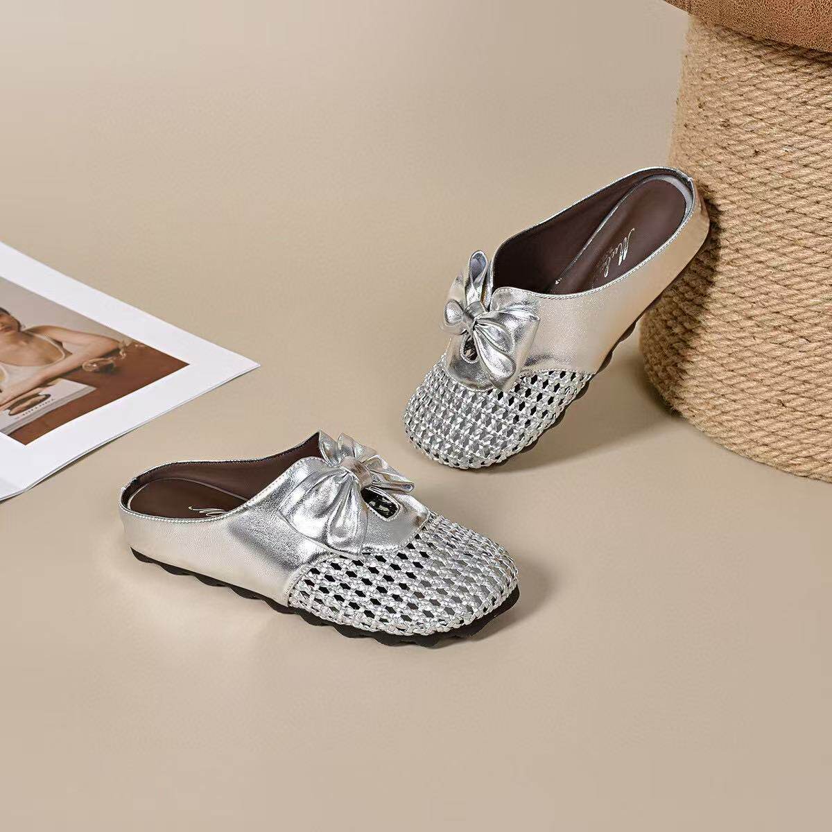 Dép sandal nữ đế bệt dệt rỗng mũi tròn nơ bướm — màu đen chi tiết 8