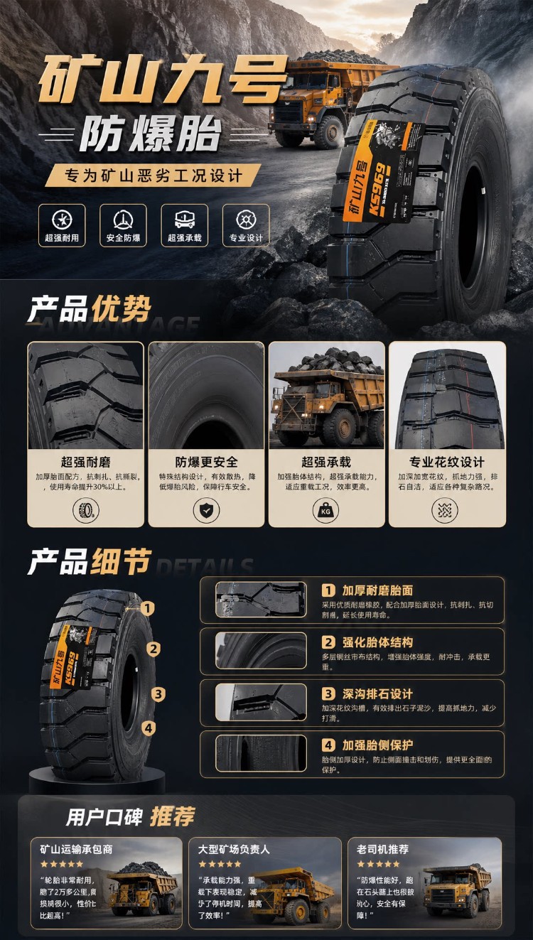 1200R20 Mine No.9 Explosion-Proof Tire for Iron Knight Hundred-Ton King Dump Truck and Dumper Truck, All-Steel Thickened Heavy-Duty Tire