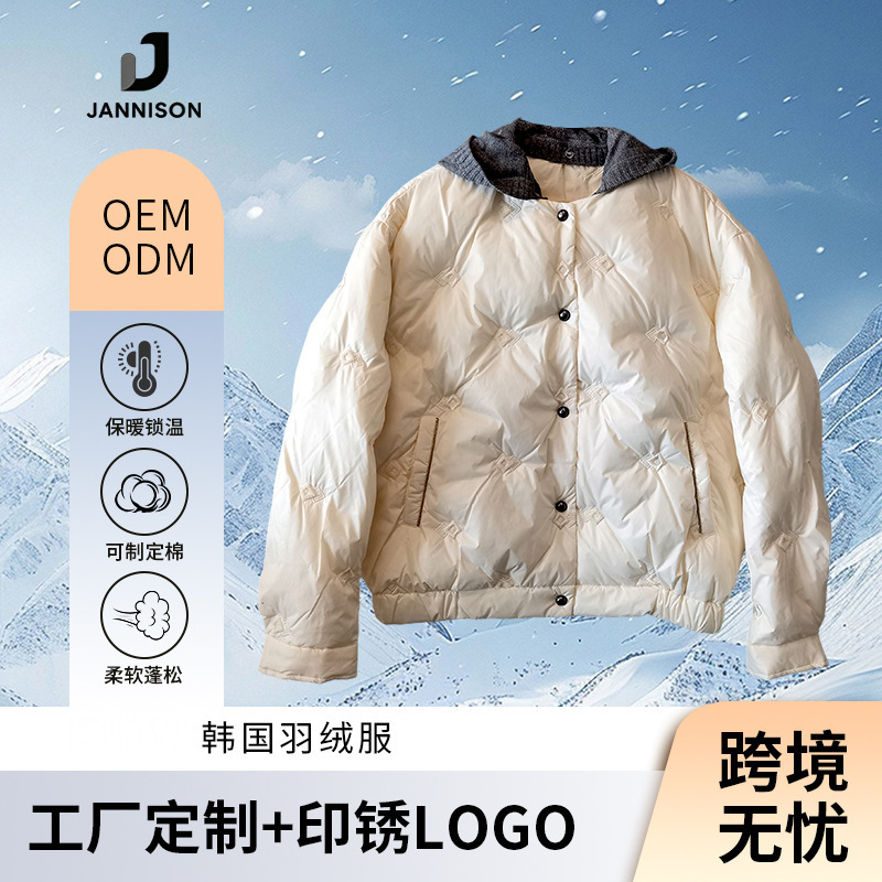 Winter Embroidered Goose down Short Thick Coat with Trendy Detachable Knitted Wool Hat