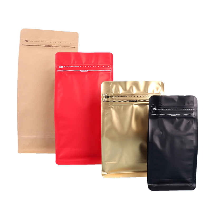 Bolsa de embalaje de granos de café, bolsa de sellado de ocho lados de papel de aluminio, bolsa de té autosuficiente, comida para mascotas, bocadillos de frutas secas, bolsa de color con cremallera