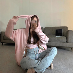 加绒加厚卫衣外套女秋装韩系宽松百搭显瘦奶油粉连帽拉链开衫上衣