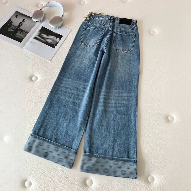 Nanyou Women's Clothing 2026 Spring New Style Vintage Pattern Cuffed Hem Printed Contrast Color Metal Four-Leaf Clover Jeans