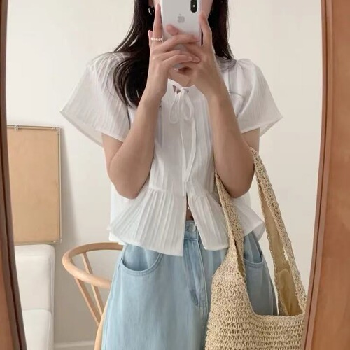 Chic Korean-style summer doll shirt, soft and sweet butterfly bow pleated shirt, design-oriented women's top