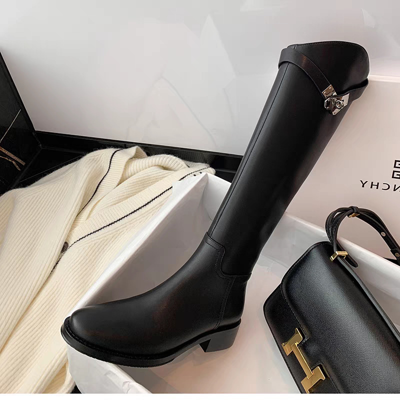 Genuine Leather French Elegant chubby girl Flat Knights Boots Slant Thick Leg Boots Women Winter fleece-lined plus size Boots