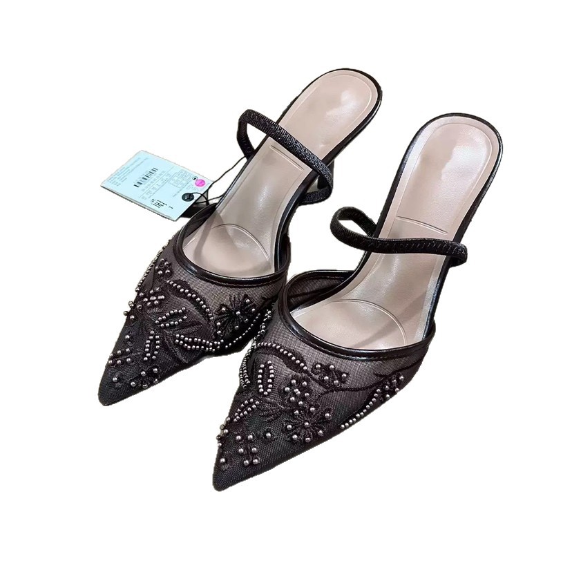  New Pointed Mesh Embroidered Beads Shallow Mouth High Heels Sexy Temperament Fine Heels Strap Sandals for Women