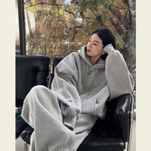 特大码300斤慵懒风连帽卫衣套装女秋冬新款胖MM高腰阔腿裤两件套2