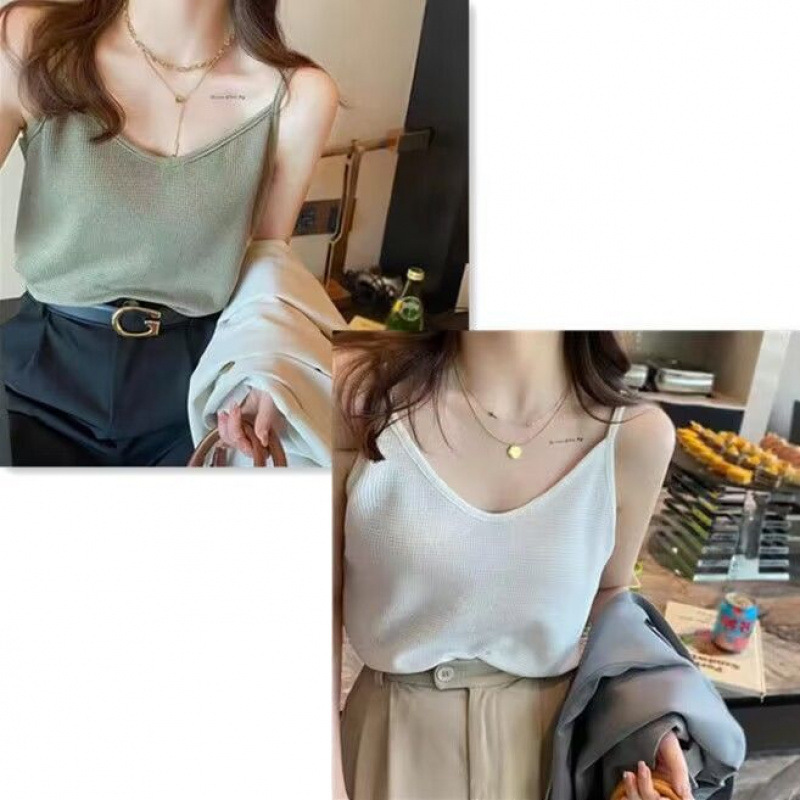 白色吊带背心女夏外穿遮副乳宽肩带配西装打底内搭华夫格宽松彭泉|undefined