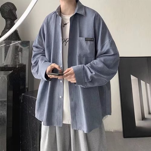 Spring and Autumn Simple and Refined Long-Sleeve Shirt for Men, Hong Kong Style, Versatile Loose Casual Collared Shirt with Design Sense, Streetwear Hip-Hop Trend