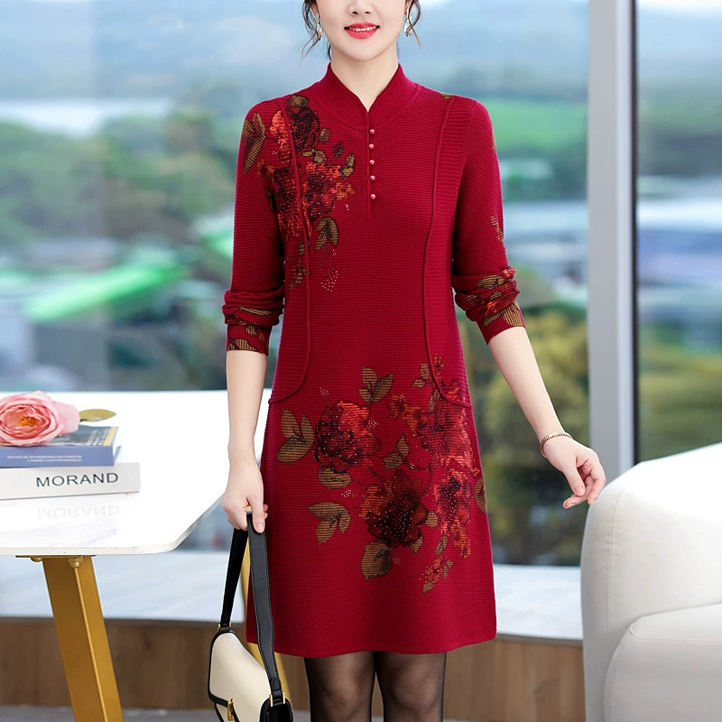 Ретро свитер женский свадебный банкет пожилая мама платье с длинными рукавами