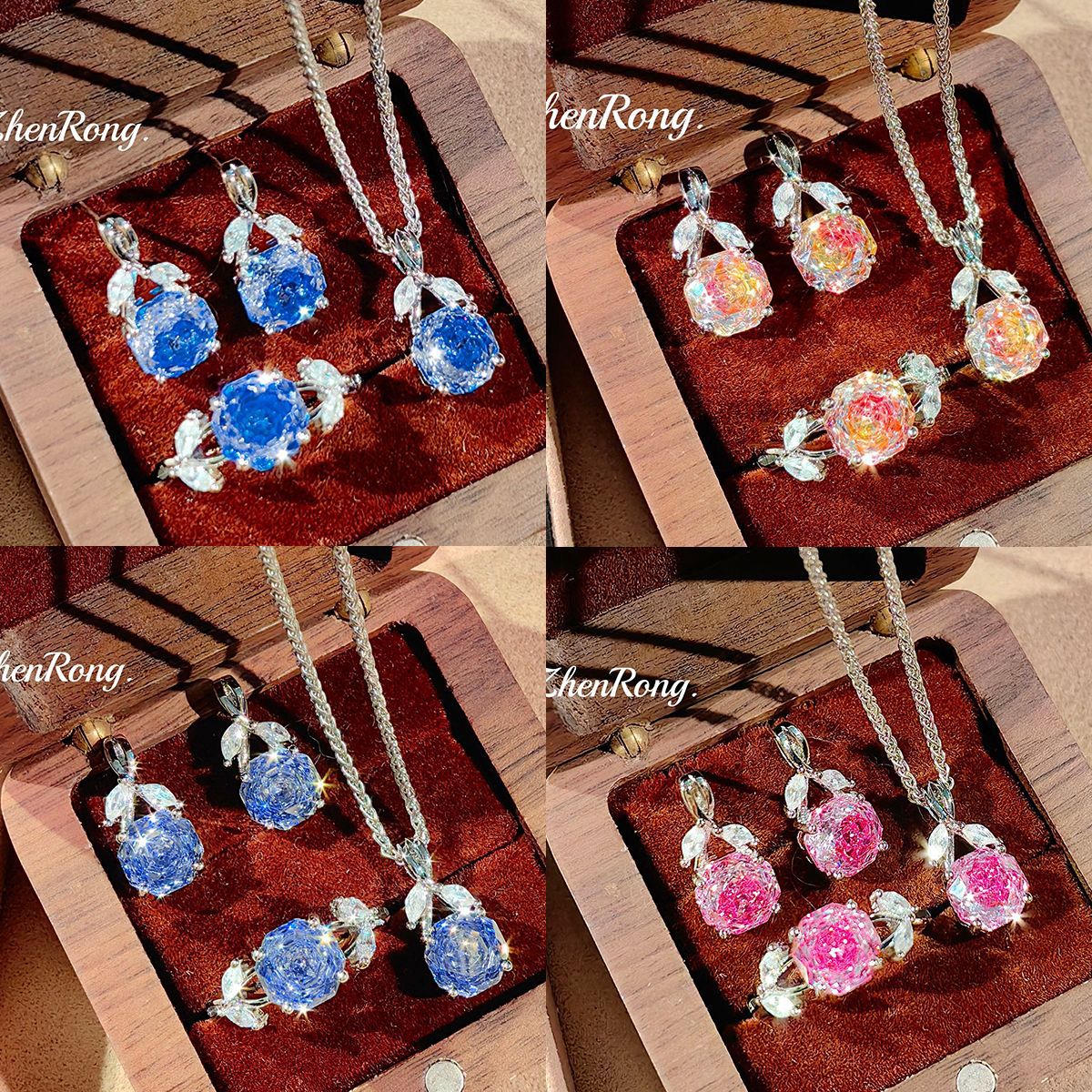Octagonal Millennium Rose Cut Klein Blue Necklace Pendant Inlaid with Rose Red High-Carbon Diamond Earrings and Dazzling Yellow Ring for Women