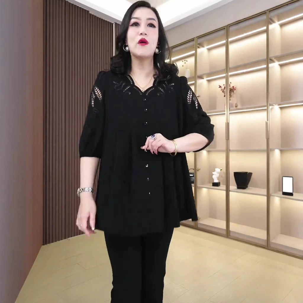 2025 Летний свободный большой размер тонкая дикая новая кружевная жаккардовая хлопчатобумажная рубашка топ жирный MM мама девушка