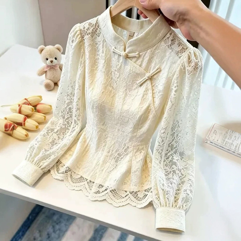 New Chinese-style stand-collar lace long-sleeve women's shirt, 2026 autumn new versatile buttoned waist-cinching lace blouse New Chinese-style stand-collar lace long-sleeve women's shirt, 2026 autumn new versatile buttoned waist-cinching lace blouse