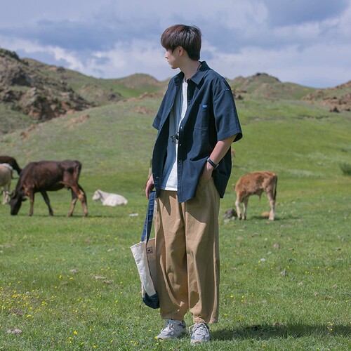 Japanese-style youth short-sleeve shirt for boys, summer thin version, trendy brand, loose half-sleeve, cool punk-style work crew neck outerwear