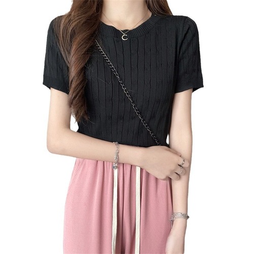 Retro round neck short sleeve t-shirt sweater women's thin 2024 summer design slim short student top