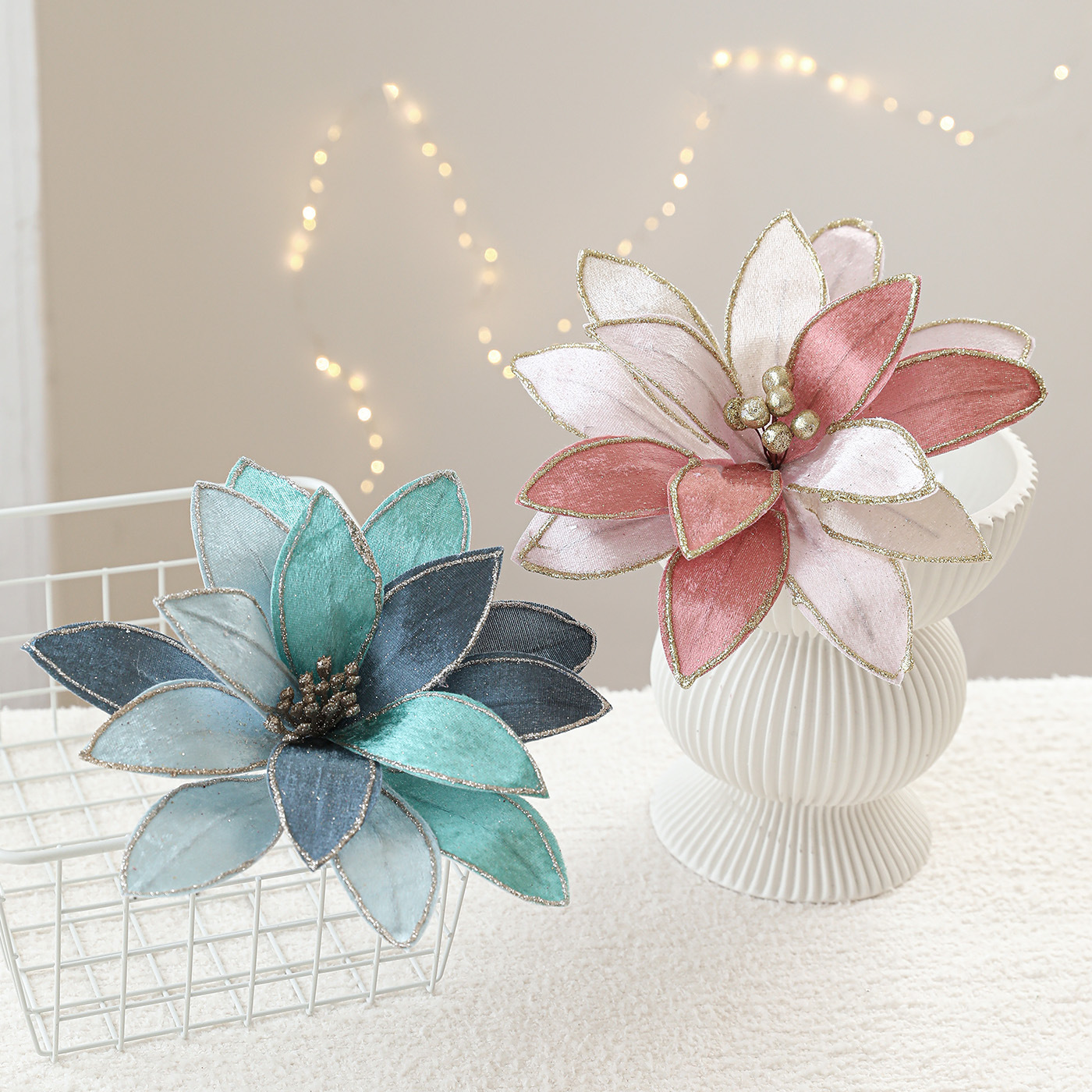 Nuevos productos de tela de alta calidad Phnom Penh flores de Navidad lujosas coloridas flores de Navidad decoraciones de flores de imitación en stock