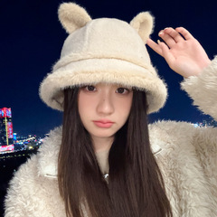 冬季新款帽子女日系可爱小熊盆帽毛线百搭渔夫帽护耳保暖一体帽潮
