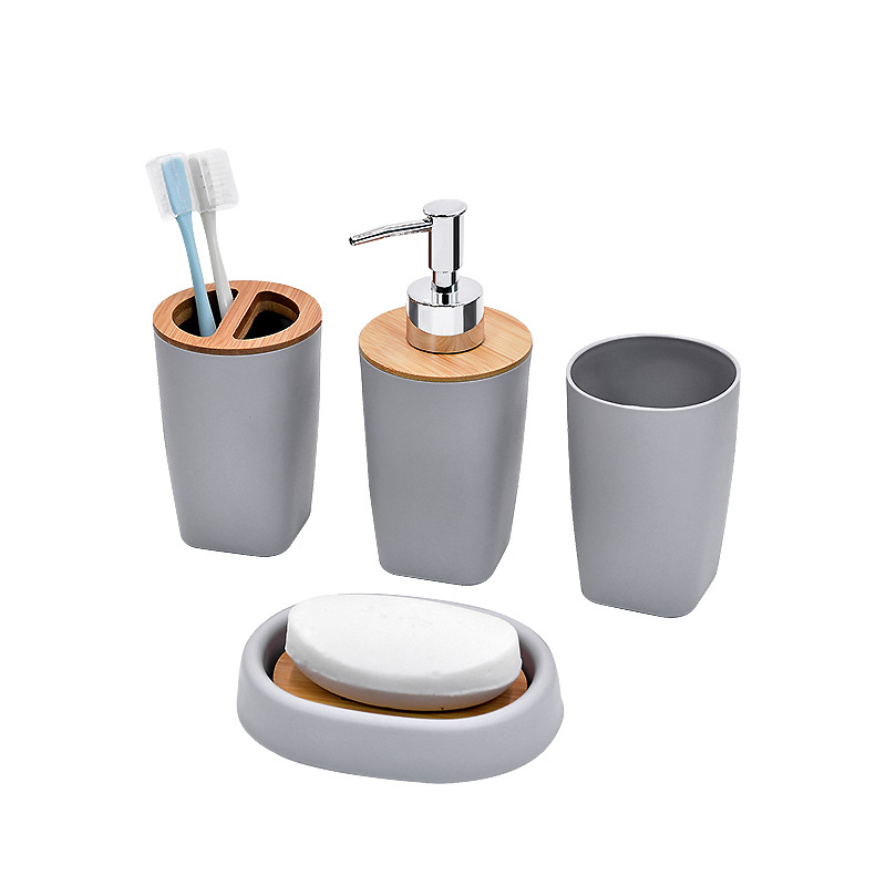 Productos de baño de bambú creativos de hotel de baño botella de desinfectante de manos taza de lavado conjunto de higiene set 4 piezas