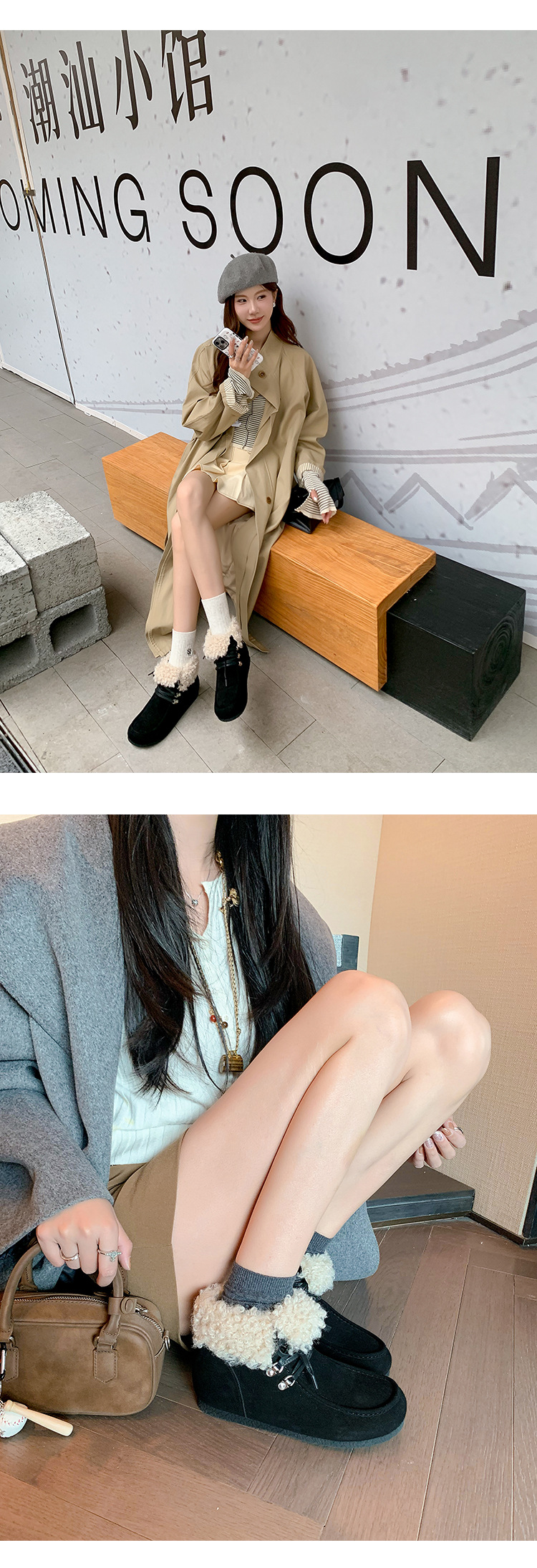 Boot tuyết nữ cổ cao lót lông giữ nhiệt, mũi tròn, dây buộc, tăng chiều cao bên trong — Vàng kem lót đơn, Đen lót nhung, Vàng kem lót nhung, Nâu lót nhung chi tiết 20