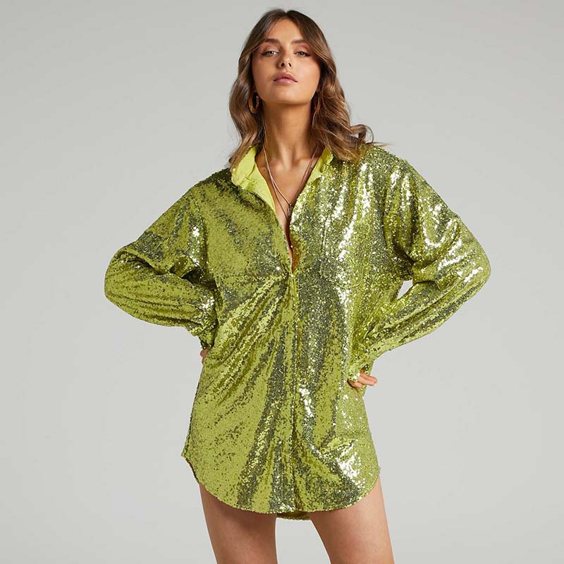 solid color sequined lapel long-sleeved shirt dress  NSBLS119350