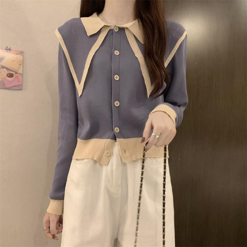 Knitwear women's retro Korean style design color matching sweater cardigan coat autumn and winter New navy collar long sleeve top Knitwear women's retro Korean style design color matching sweater cardigan coat autumn and winter New navy collar long sleeve top