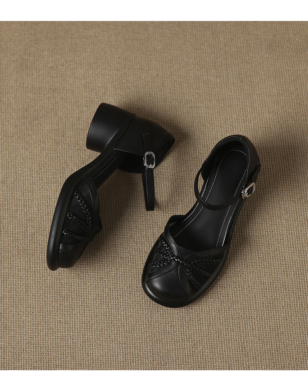 Sandal quai ngang nữ mũi bao da bò gót dày kiểu La Mã lưới rỗng — đen chi tiết 15