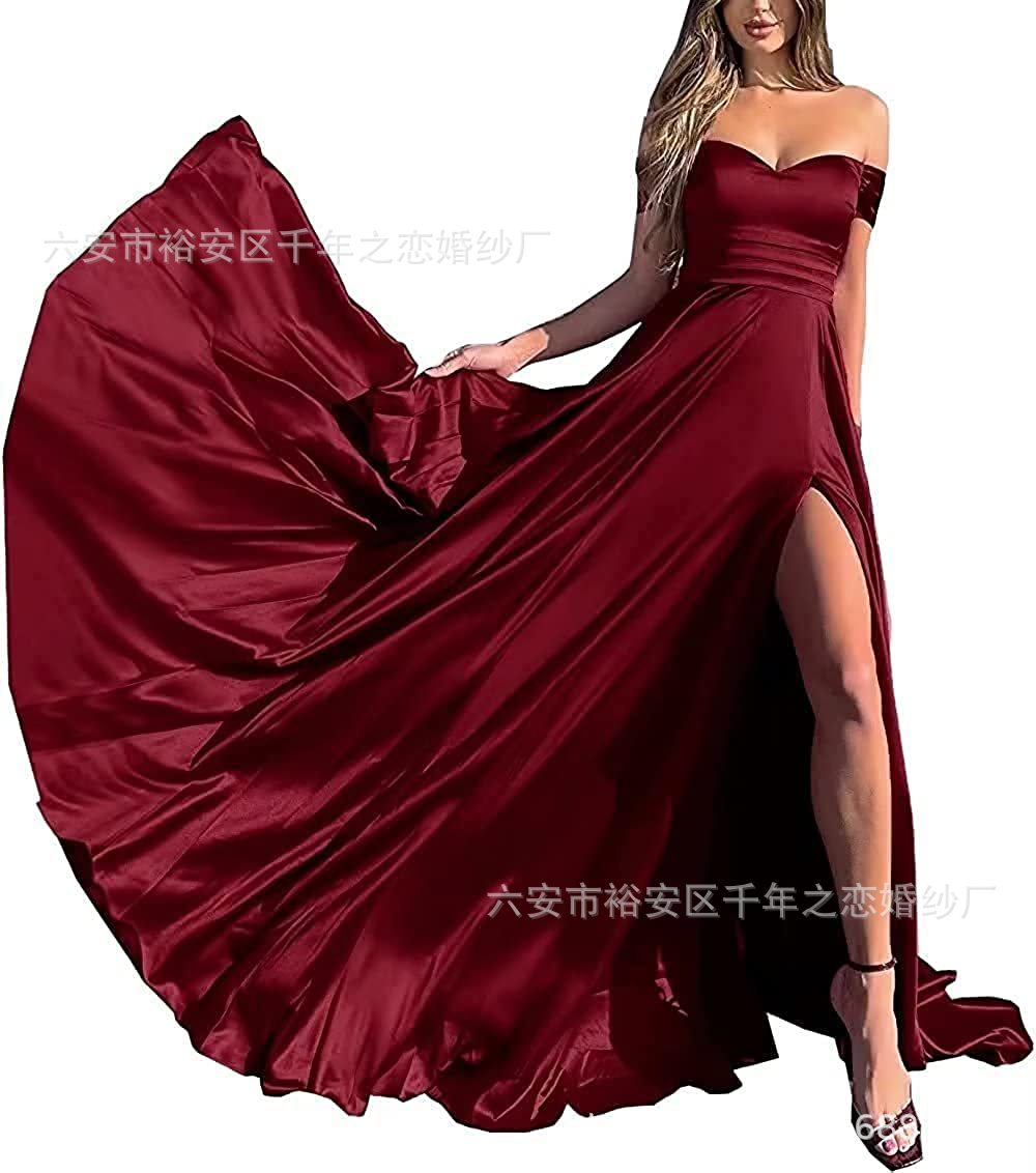 2023 Open Shoulder Cocktail Ball Pocket Split Long Satin Formal Dress Pleated Party Dress