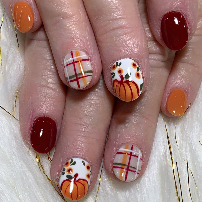 Cross-Border Thanksgiving Pumpkin Press-On Nails, Autumn Warm Color Stripes, Fashionable Autumn and Winter Press-On Fake Nails