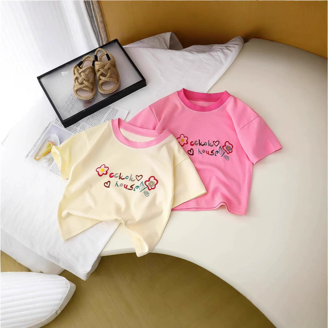 Футболка с мультяшным принтом для девочек 2025 лето новый детский милый с короткими рукавами