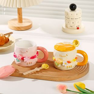 Cute Flower Ceramic Cup with Lid and Spoon High-grade Sense Mug Tulip Water Cup Girl's Household High-value Cup