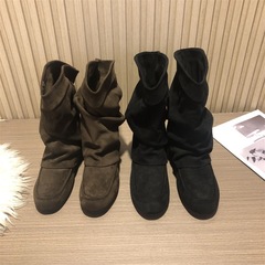 复古尖头中跟裤管靴女2025秋冬法式西部牛仔中筒靴骑士靴