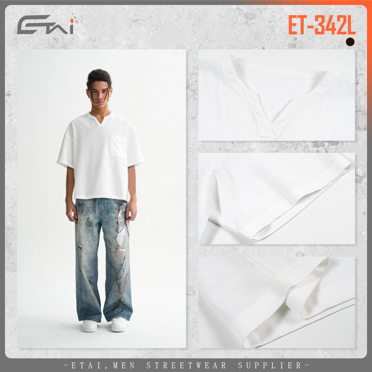 ETAI Hombre| Marca de moda suelta transpirable de media manga de color sólido de cuello en V de manga corta de alta calidad camiseta de hombre de algodón casual de manga corta