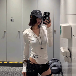 美式朋克防晒罩衫女夏季哥特风长袖连帽t恤修身薄纱辣妹y2k上衣潮