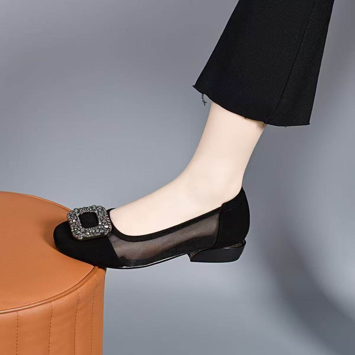 Sandal nữ da thật mũi tròn gót thấp lưới hở mũi — màu đen