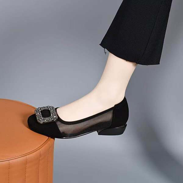 Sandal nữ da thật mũi tròn gót thấp lưới hở mũi — màu đen