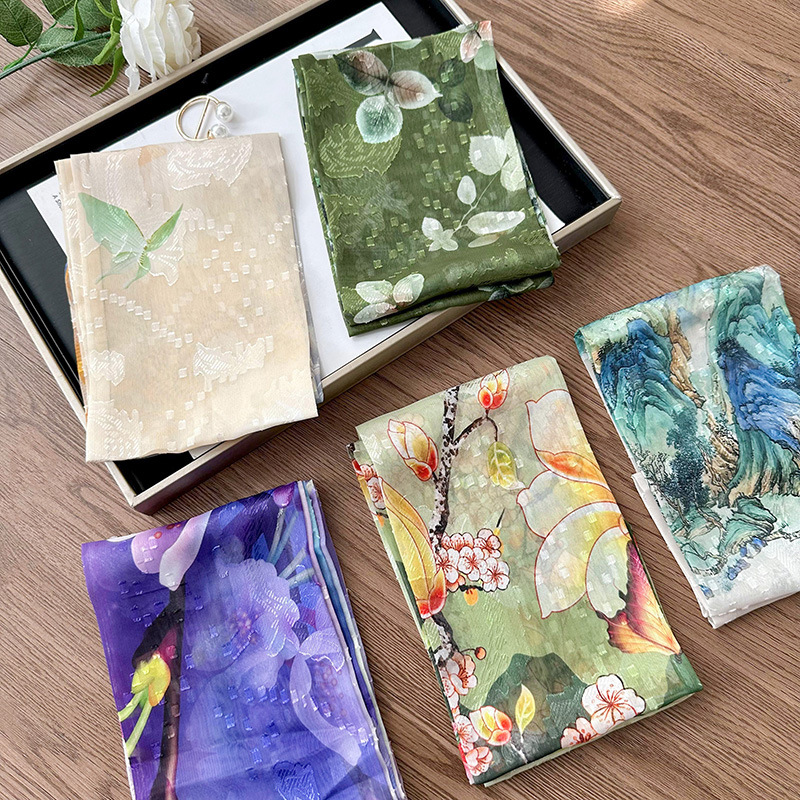 Bufanda de seda larga floral para las mujeres primavera y otoño estilo coreano versátil de alto grado fresco artístico perezoso cuello protección del oído bufanda